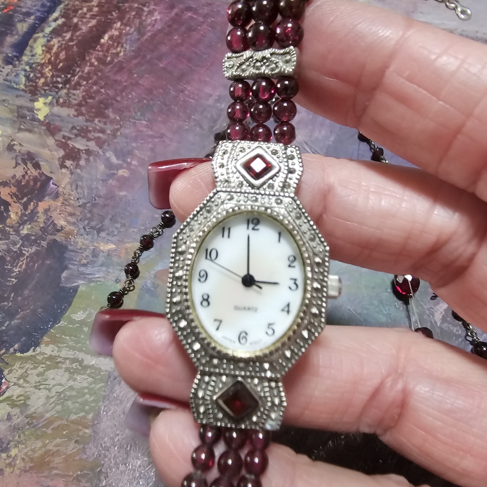 Elegant Silver and Red Beaded Women's Watch Designer Avon Two Raw Ruby Necklaces